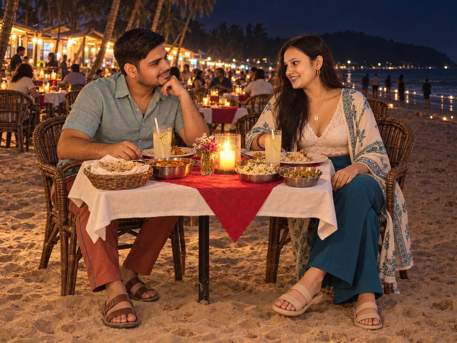 Nav and Vandana at a candlelit table on the sand at Palolem after dark, vegetarian dishes and lime drinks between them, other shack tables and lights along the beach behind.