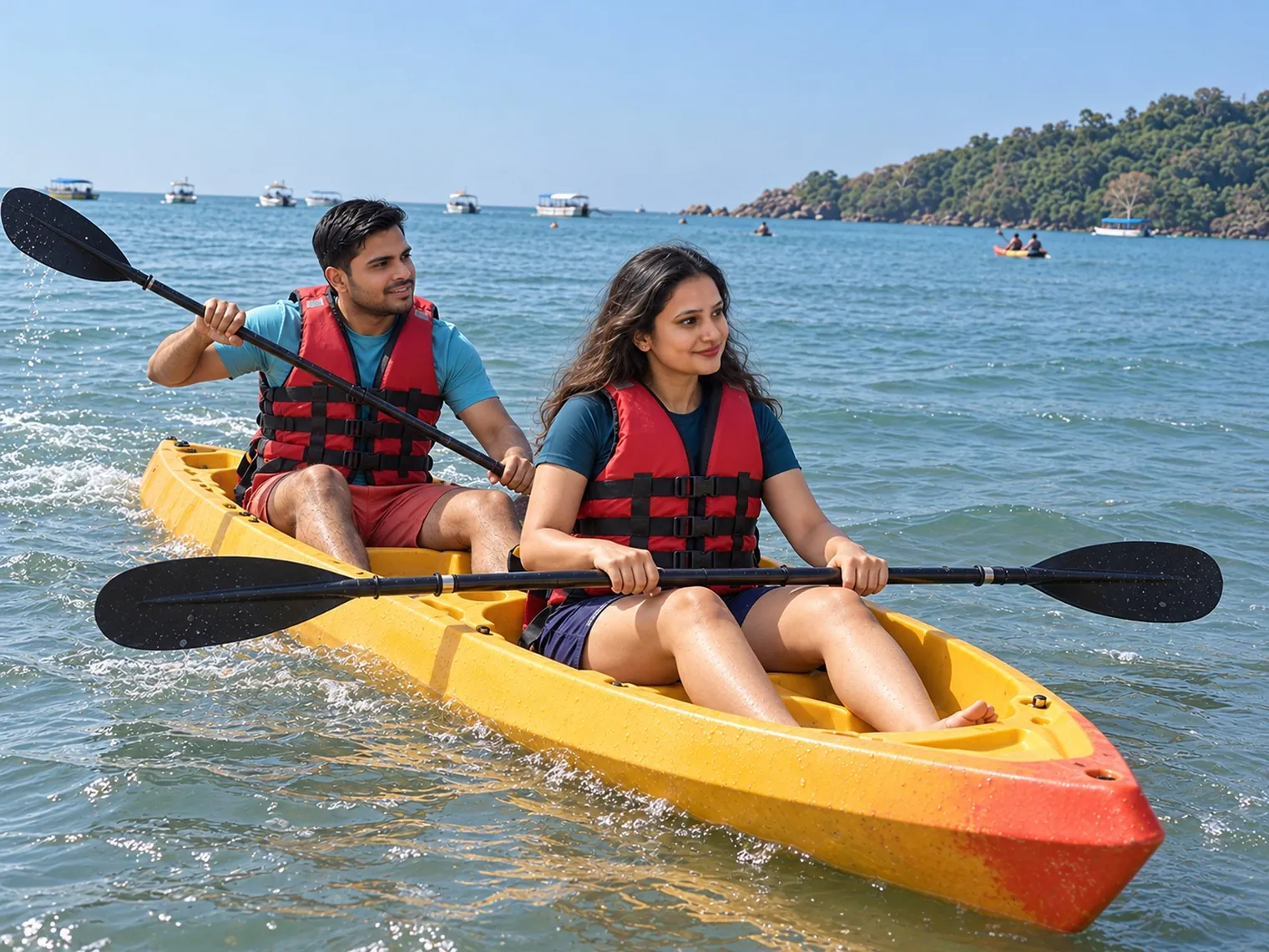 Nav and Vandana in red life jackets paddling a yellow two-seat kayak on Palolem's bay, boats at anchor and a wooded headland behind them.
