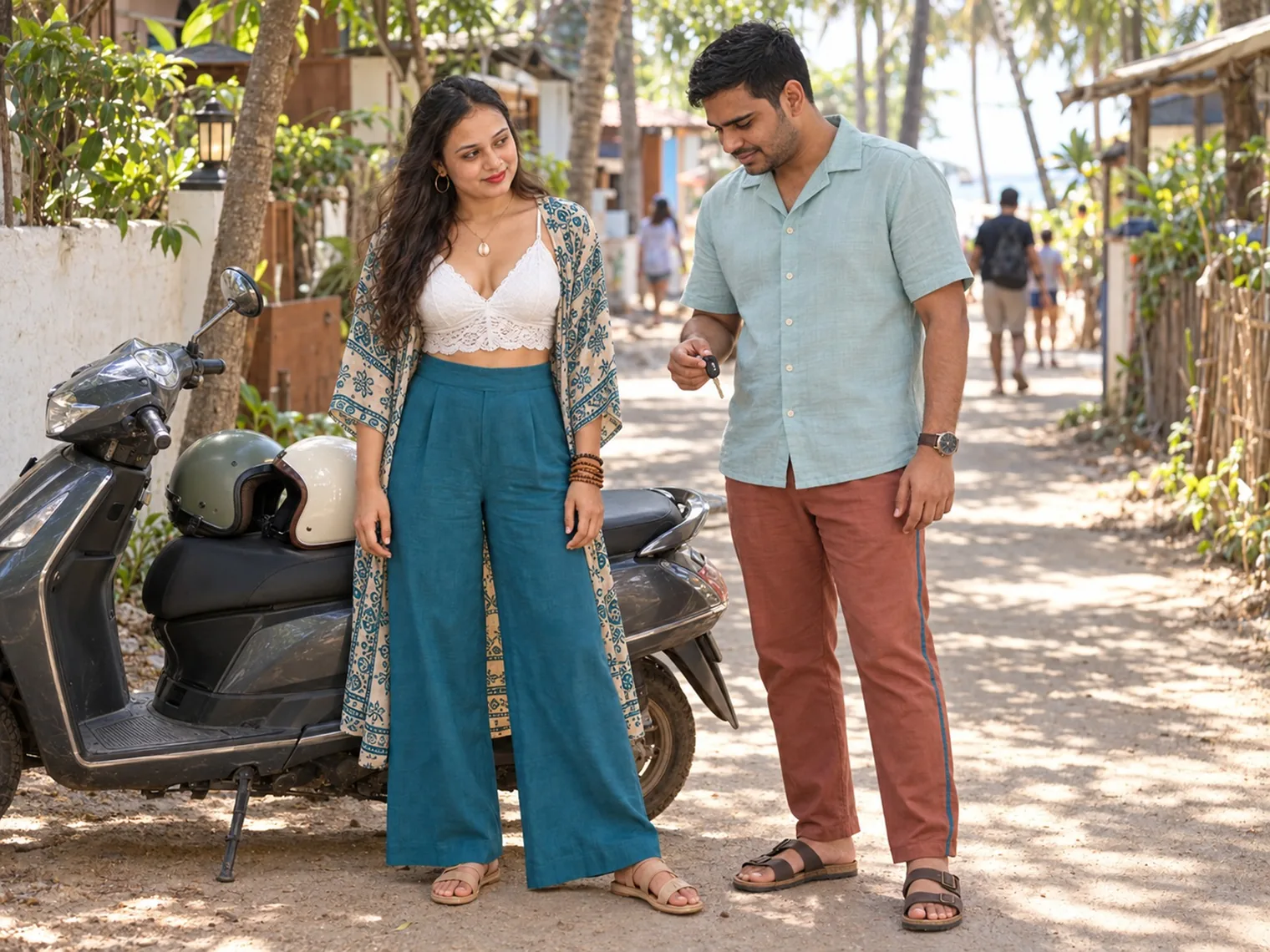 Vandana and Nav standing beside a parked scooter on a shaded lane in Palolem.