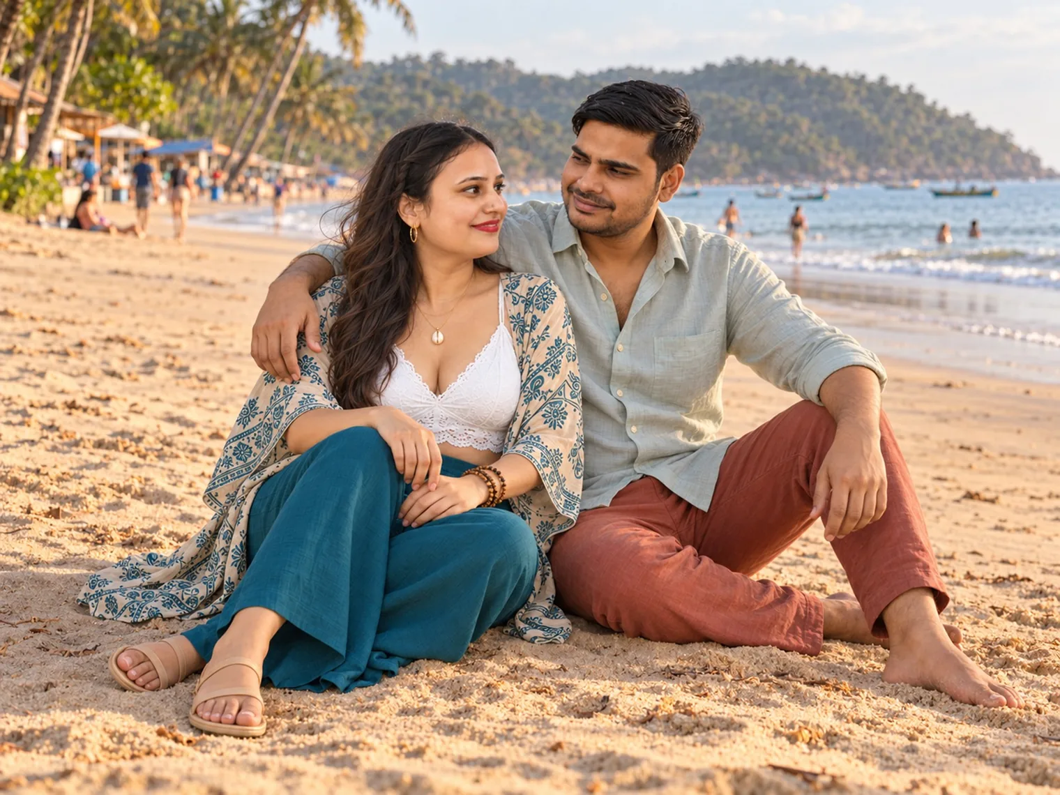 Nav and Vandana sitting together on the sand at Patnem in warm light, people at the water's edge and a wooded headland behind them.