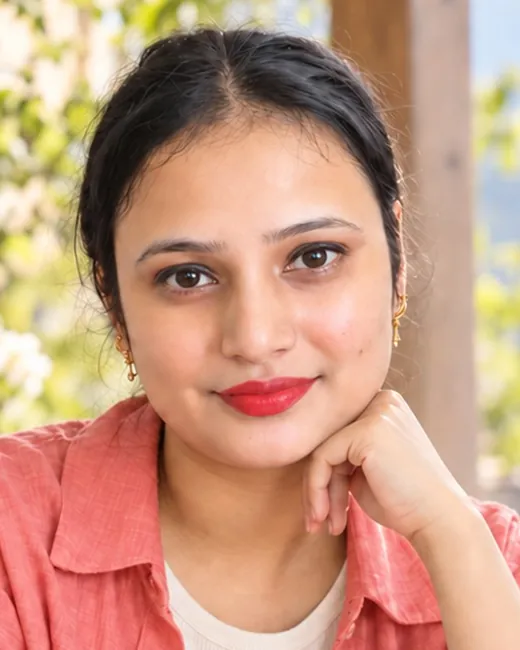 Vandana Sharma at an outdoor table with a notebook and a cup beside her
