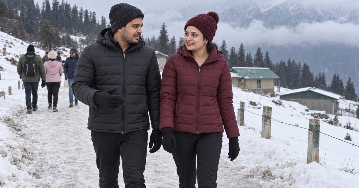 Nav and Vandana walking a packed-snow path in January 2026, with other visitors ahead of them and cabins beyond.