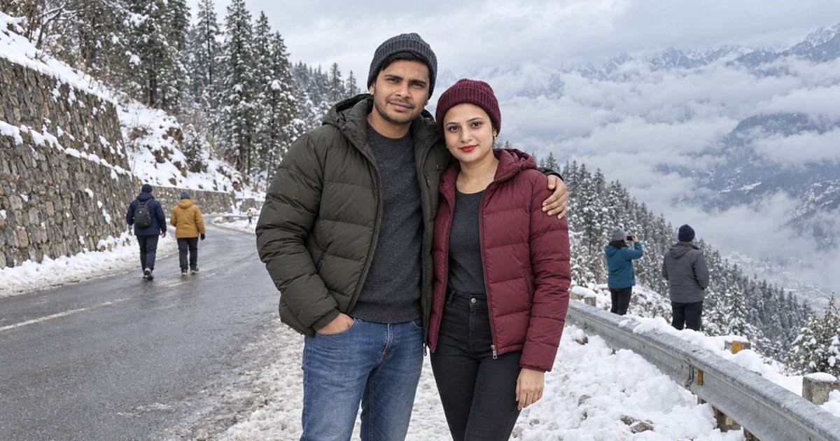 Nav and Vandana walking past a line of white taxis on the gravel below Auli in October 2024, a snow-capped range behind them.