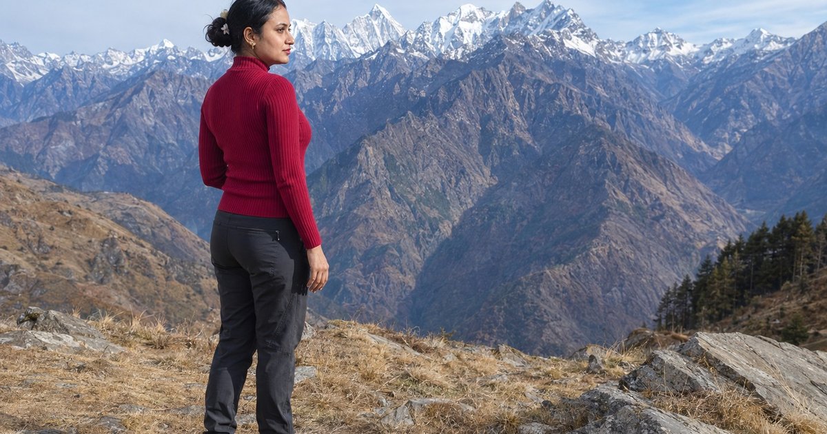 Vandana on a rocky outcrop above a deep valley in October 2024, a long line of snow peaks across from her.