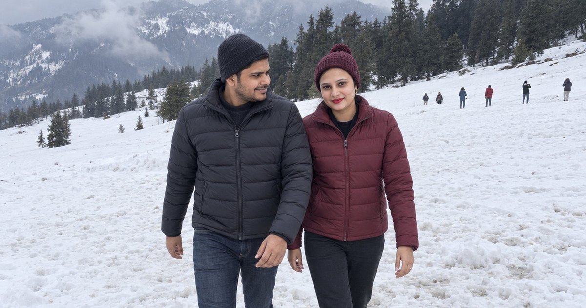 Nav and Vandana walking across a snow-covered meadow in January 2026, with other walkers further up the slope.