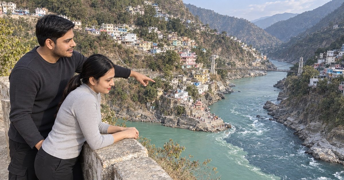 Nav pointing down from a stone parapet at a turquoise river in a gorge, Vandana leaning beside him, a town of painted houses on the slope above, January 2026.