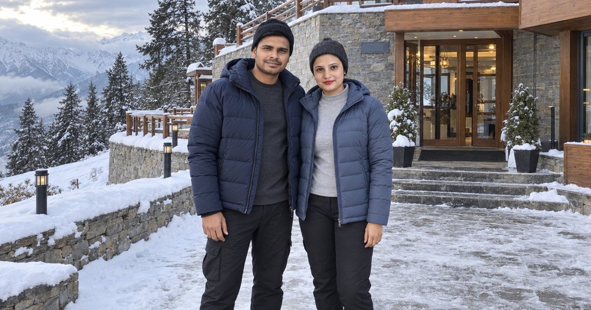 Nav and Vandana outside the glass entrance of Satopanth The Auli Resort on a snowy morning in January 2026.