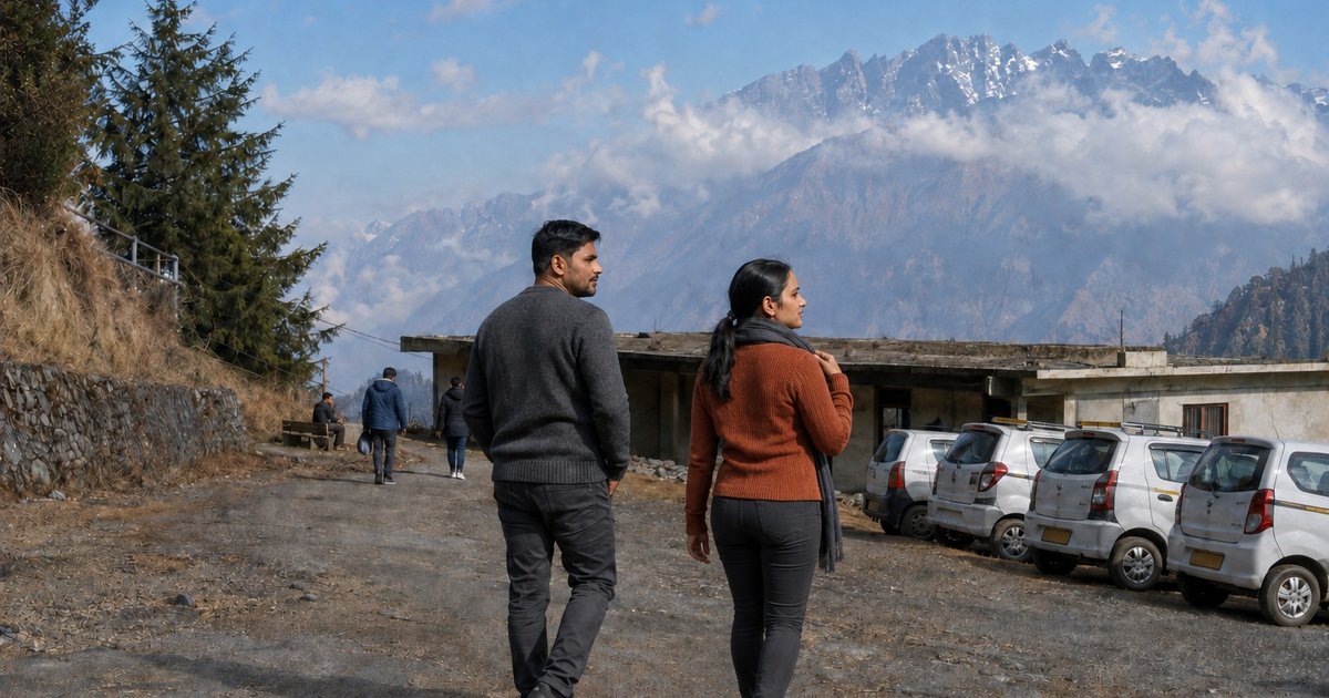 Nav and Vandana walking across a gravel parking area towards a row of white taxis in October 2024, a snow-streaked range behind.