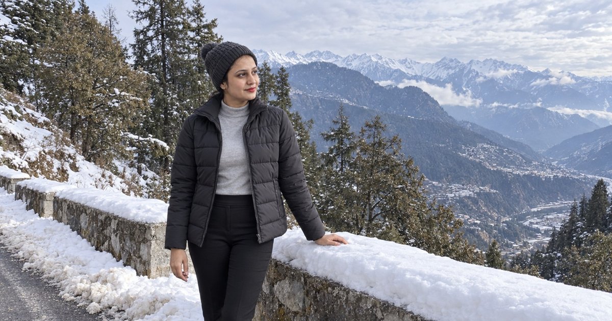 Vandana beside a snow-topped stone parapet on the road above Jyotirmath in January 2026, the valley and town far below.