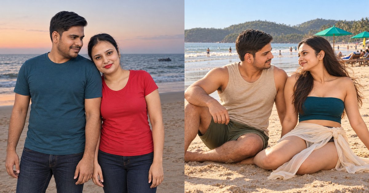 Left, Nav and Vandana side by side on Calangute beach in North Goa at sunset; right, the two of them sitting on the sand at Palolem in South Goa, green umbrellas and a wooded headland behind, February 2026.
